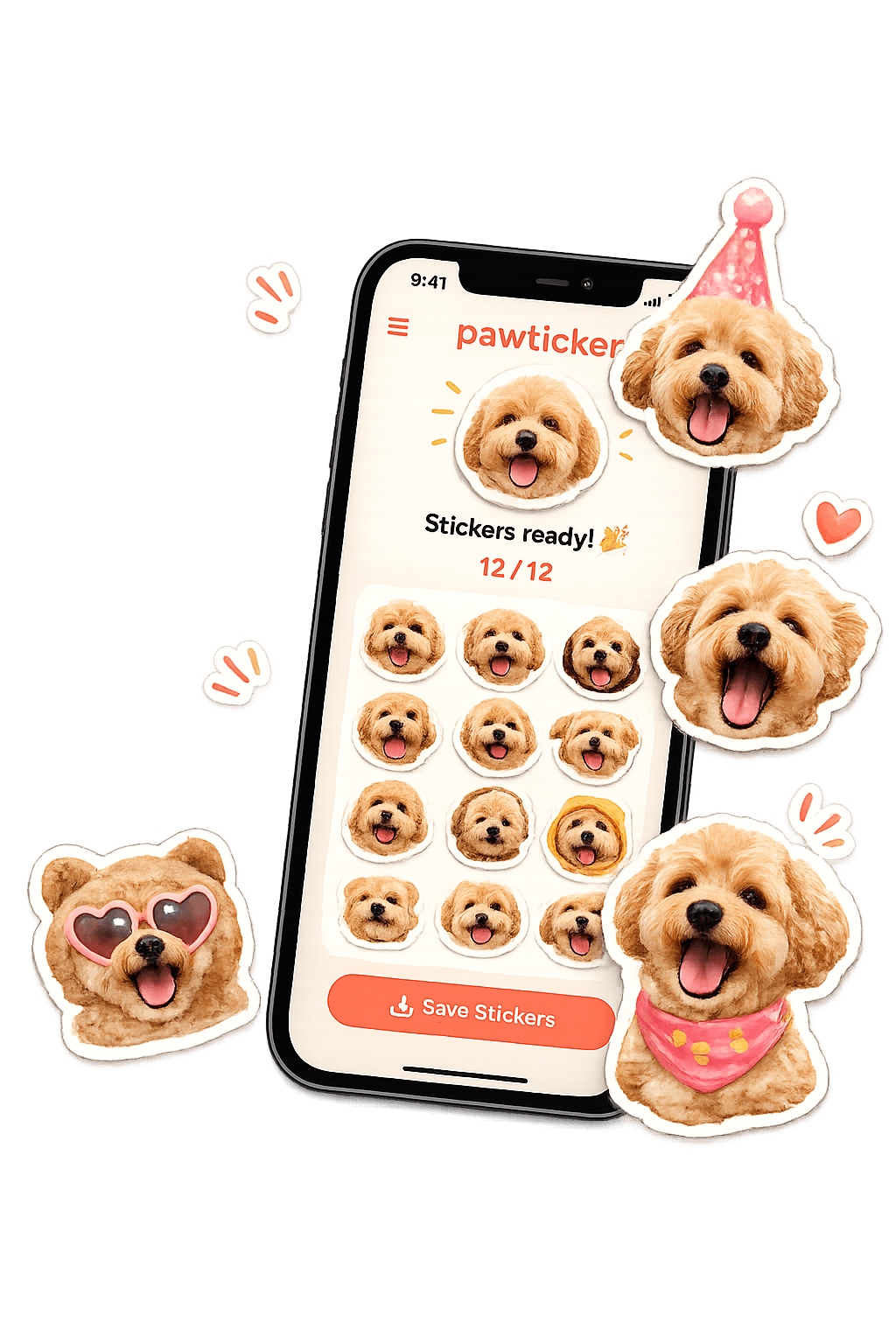 The Pawticker app turning a dog's photo into 12 ready-to-use stickers